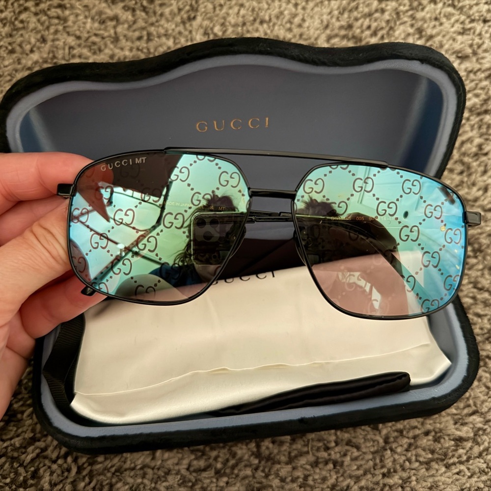 Gucci Men’s Aviator Sunglasses - Black Frame with Teal Gradient Lenses
